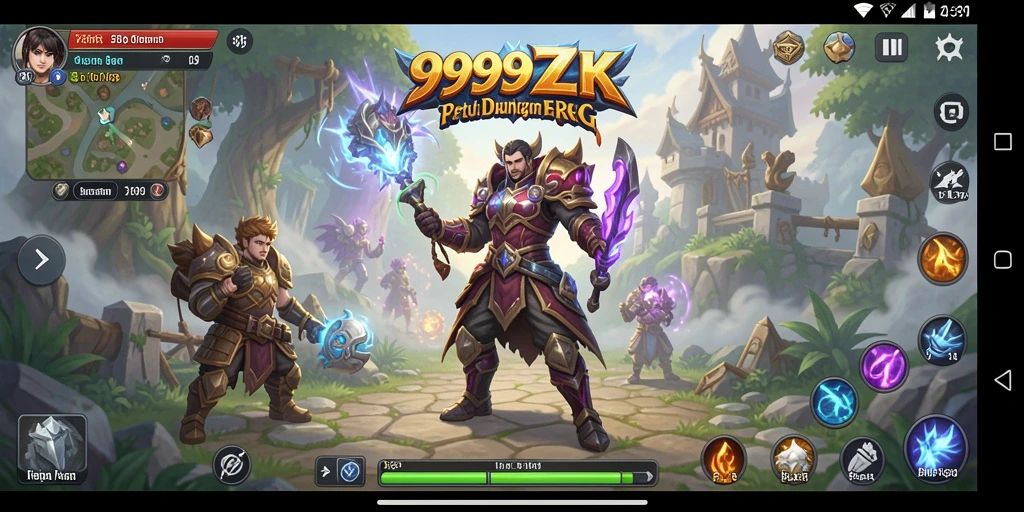 Screenshot utama 999ZK menampilkan pertarungan seru di dunia fantasi.