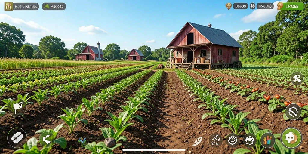 Gameplay LPO88 menampilkan petani yang sedang bercocok tanam di ladang.