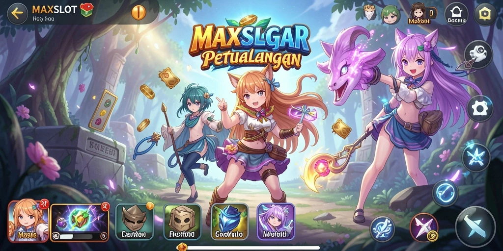 Tampilan gameplay seru dalam MAXSLOT yang dipenuhi karakter Anime.