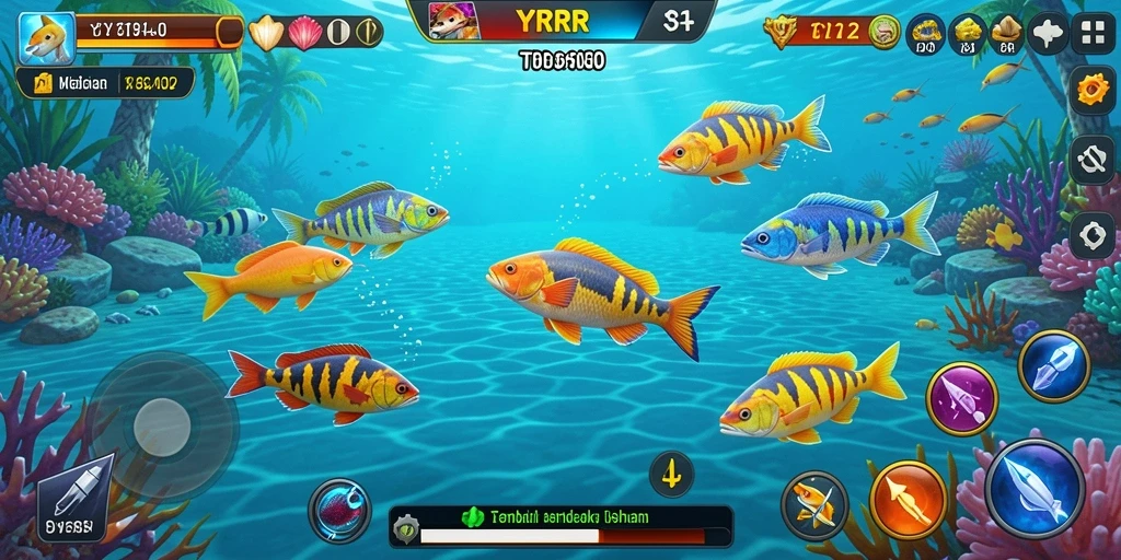 Tampilan gameplay YYRR dengan aksi menembak ikan yang seru.